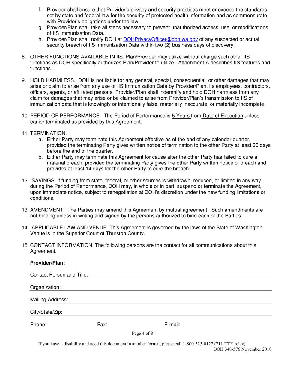 DOH Form 348-576 Information Sharing Agreement for Exchange of Immunization Data - Washington State Immunization Information System - Washington, Page 4