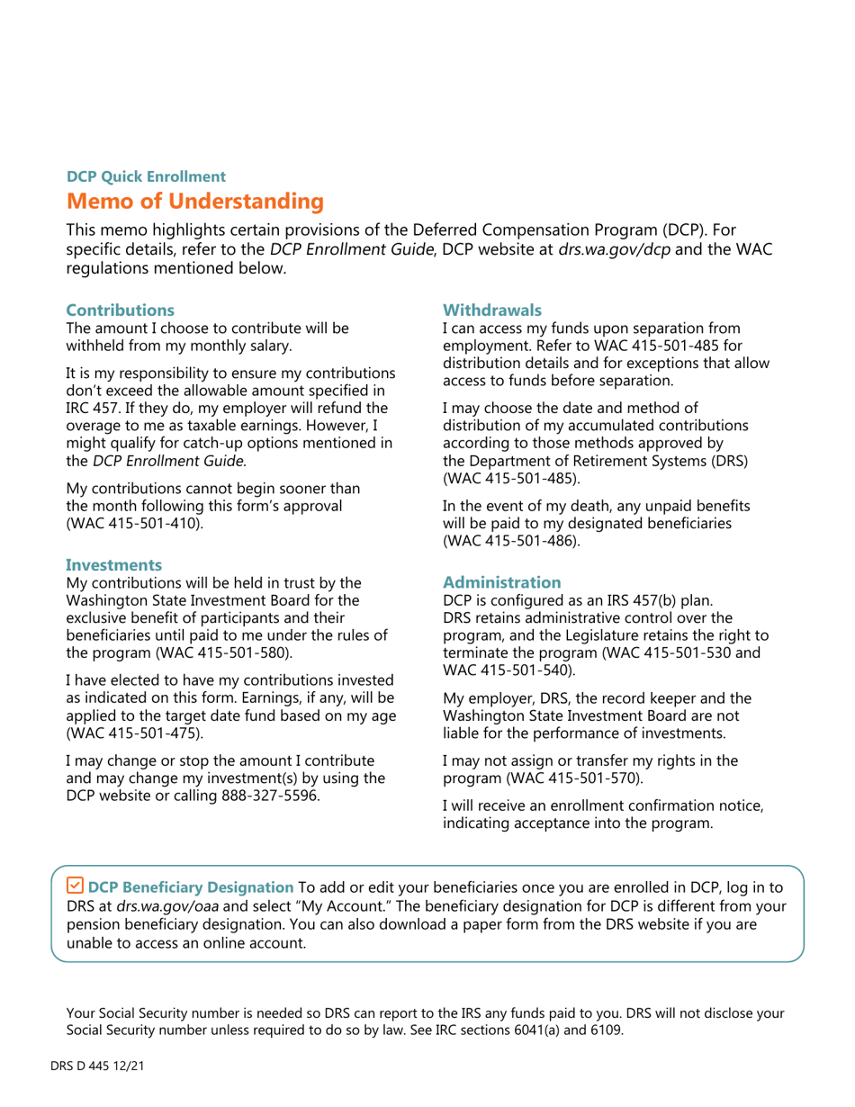 Form DRS D445 Dcp Quick Enrollment - Washington, Page 2