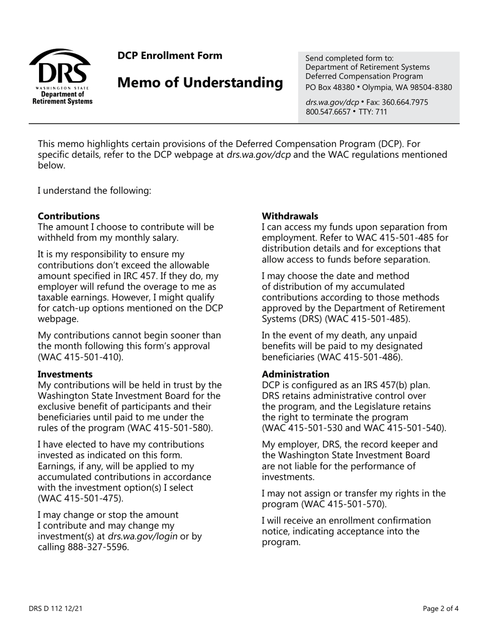 Form DRS D112 Dcp Extended Enrollment Form - Washington, Page 2