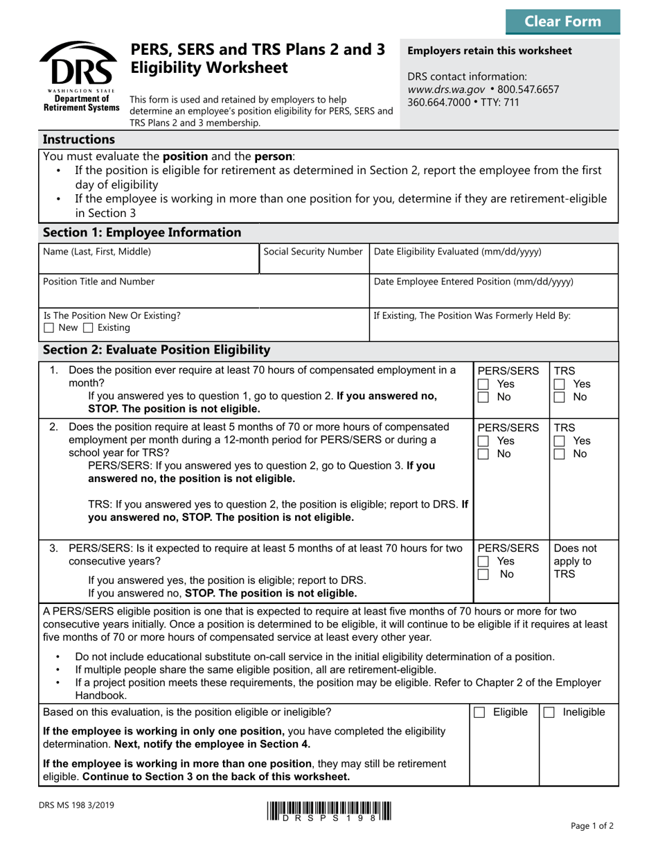 Form DRS MS198 Pers, Sers and Trs Plans 2 and 3 Eligibility Worksheet - Washington, Page 1