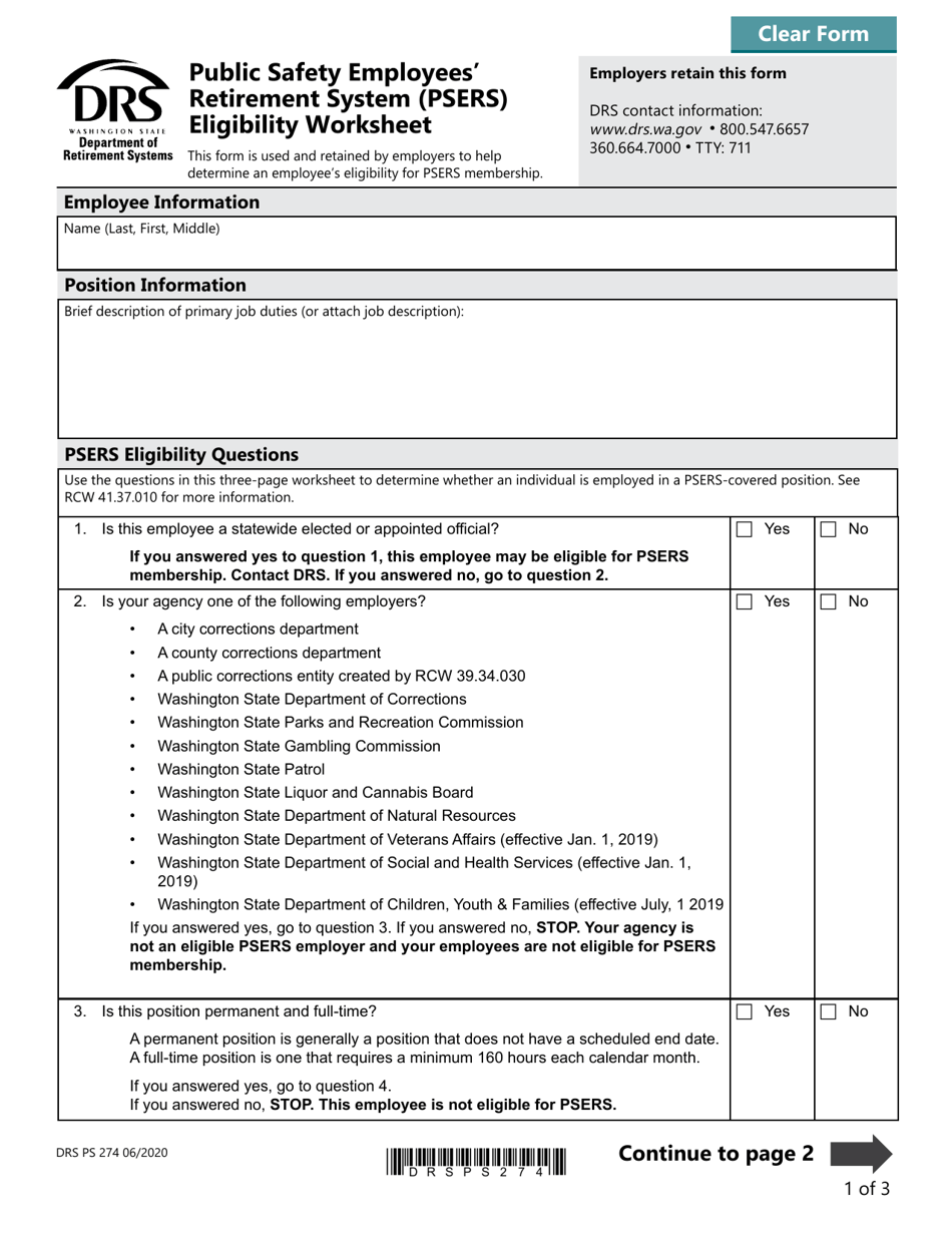 Form DRS PS274 Public Safety Employees Retirement System (Psers) Eligibility Worksheet - Washington, Page 1