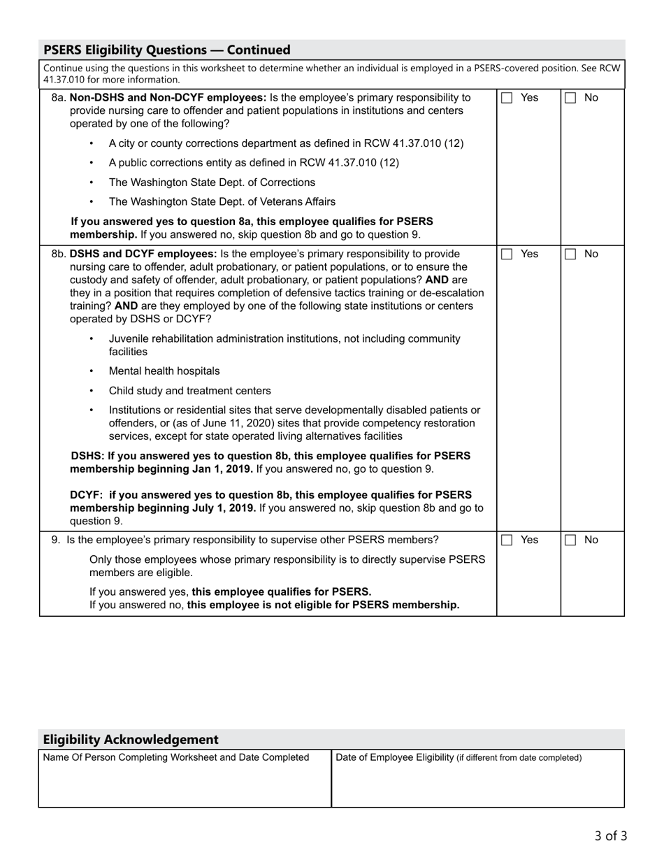 Form DRS PS274 Public Safety Employees Retirement System (Psers) Eligibility Worksheet - Washington, Page 3