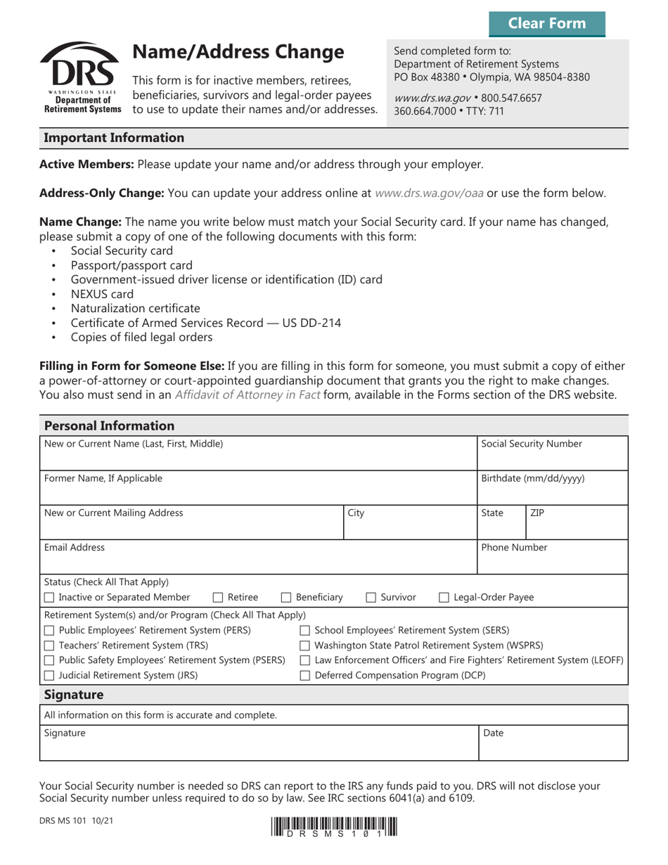 Form DRS MS101 Name / Address Change - Washington, Page 1