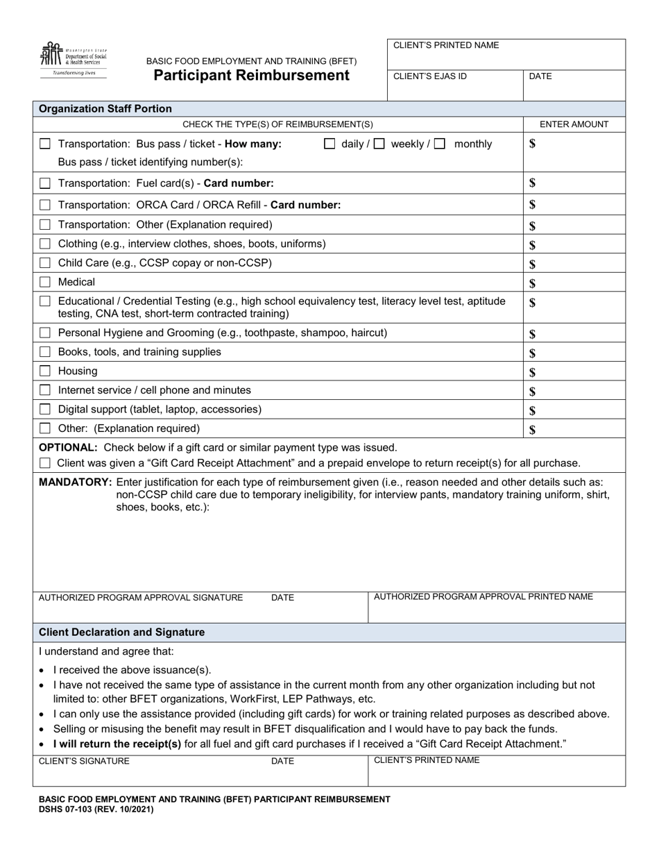 DSHS Form 07-103 Basic Food Employment and Training (Bfet) Participant Reimbursement - Washington, Page 1