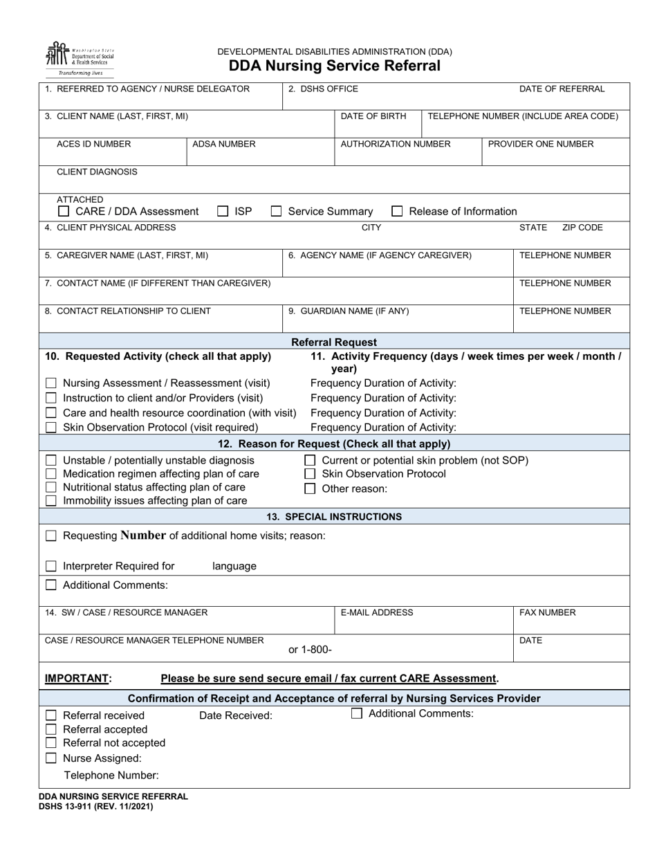 DSHS Form 13-911 Dda Nursing Service Referral - Washington, Page 1