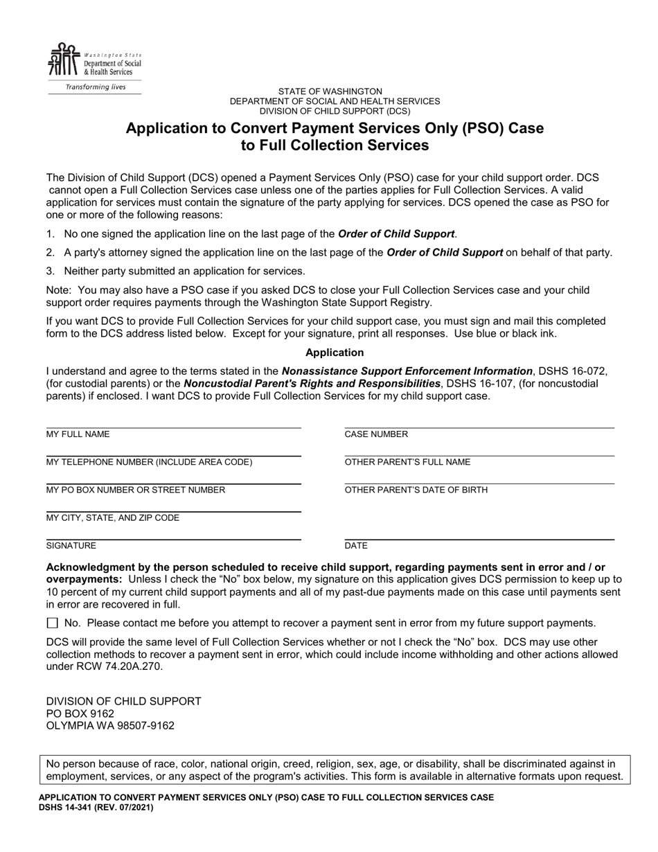 DSHS Form 14-341 Application to Convert Payment Services Only (Pso) Case to Full Collection Services - Washington, Page 1