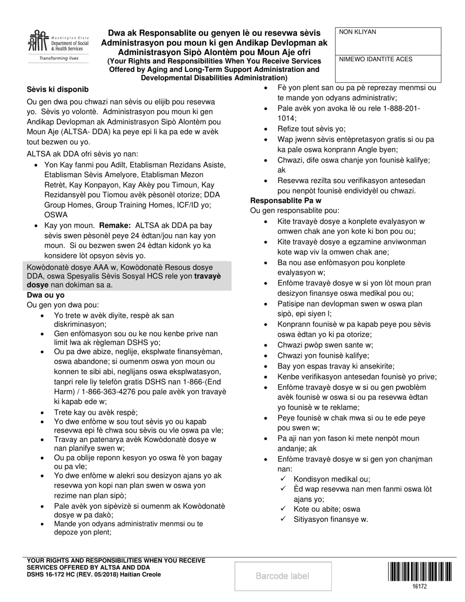 DSHS Form 16-172 Your Rights and Responsibilities When You Receive Services Offered by Aging and Disability Services Administration and Developmental Disabilities Administration - Washington (Haitian Creole), Page 1