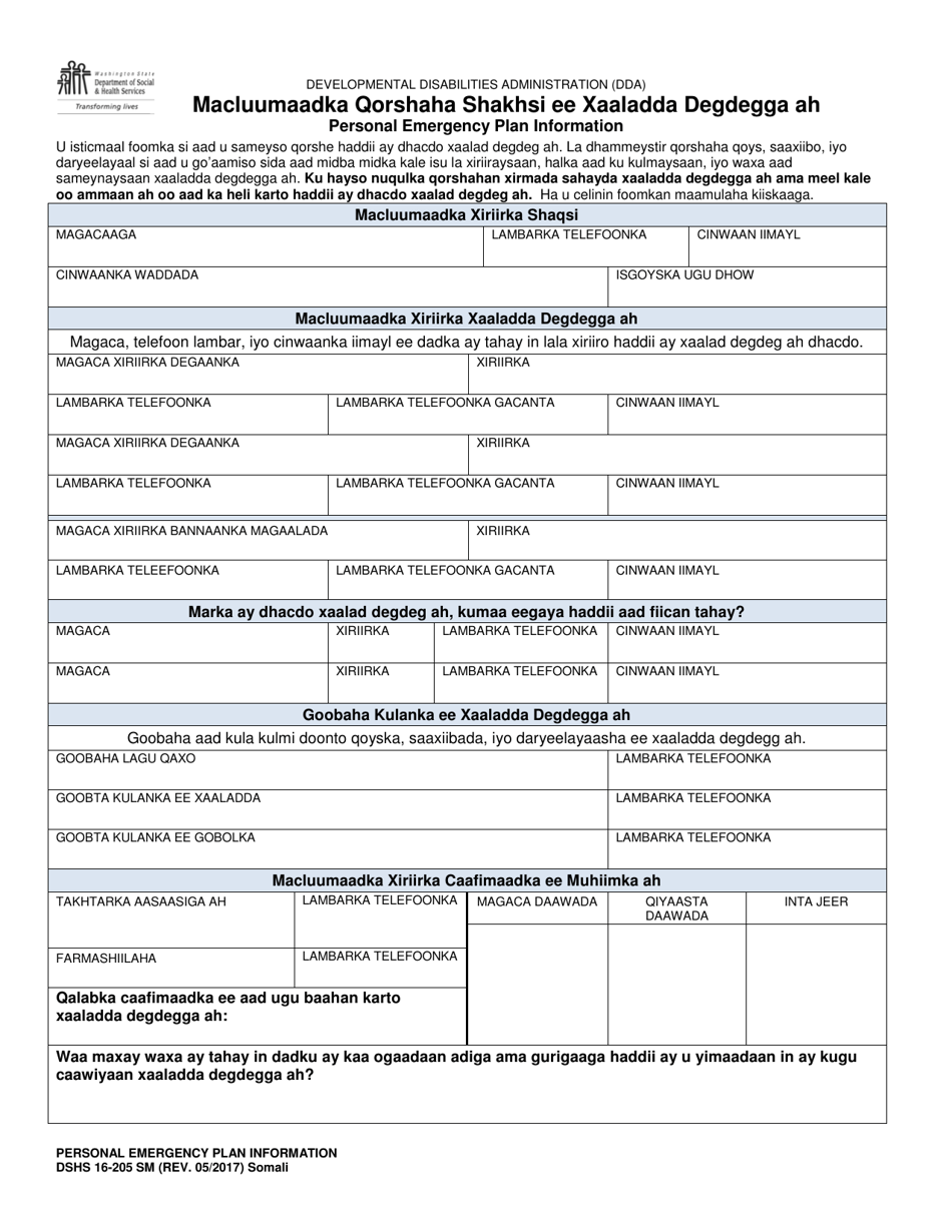 DSHS Form 16-205 Personal Emergency Plan Information - Washington (Somali), Page 1