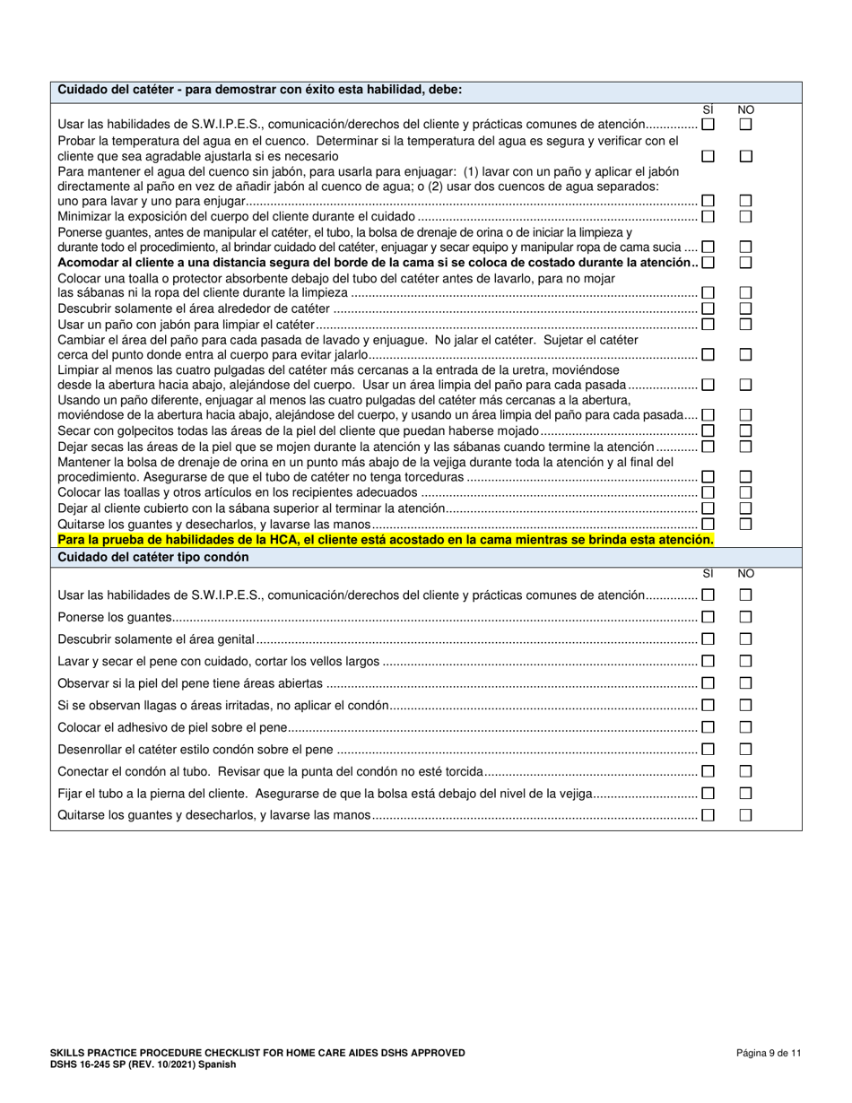 DSHS Formulario 16-245 Lista De Verificacion De Procedimientos De Practica De Habilidades Para Asistentes De Atencion En El Hogar - Aprobada Por El Dshs - Washington (Spanish), Page 10