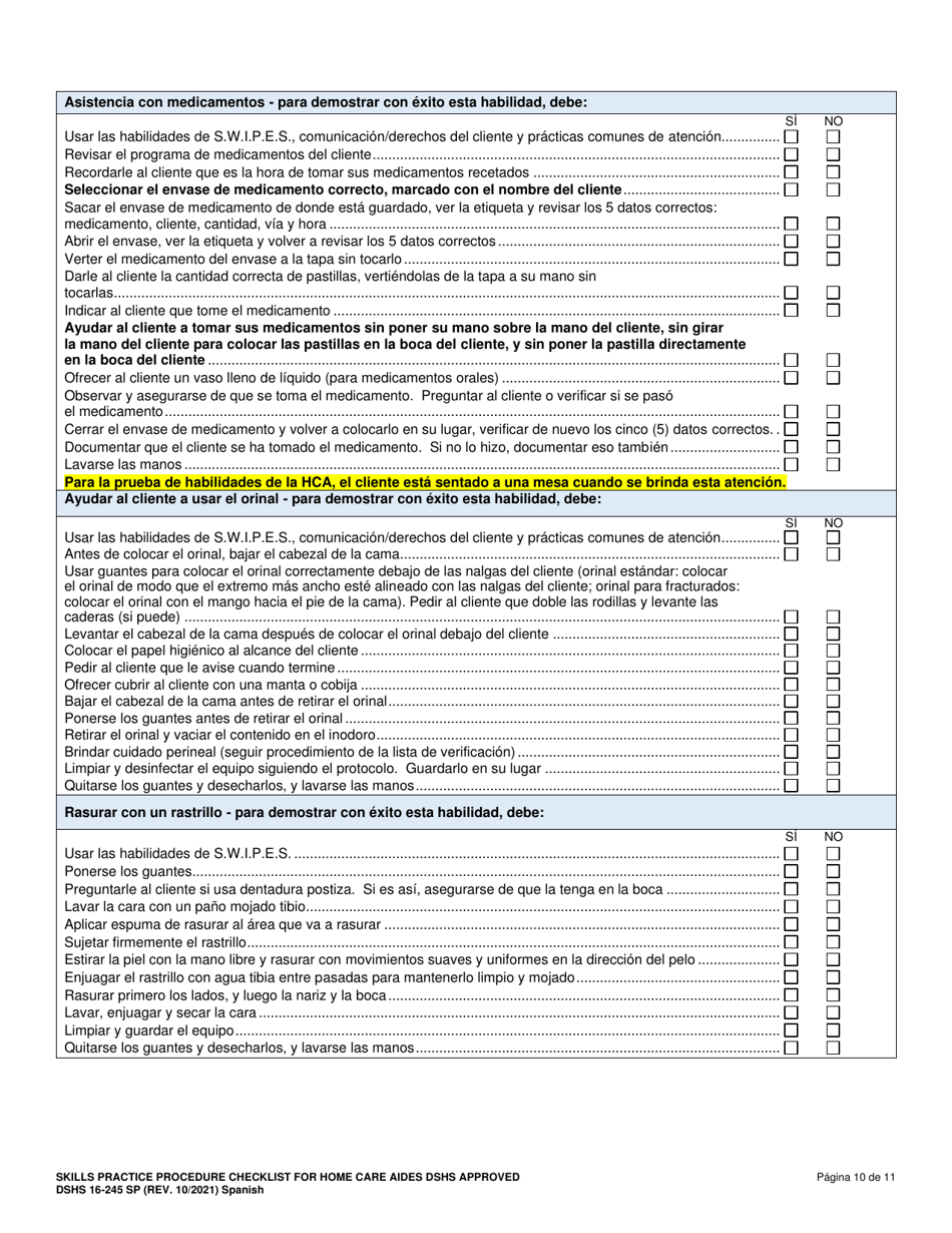 DSHS Formulario 16-245 Lista De Verificacion De Procedimientos De Practica De Habilidades Para Asistentes De Atencion En El Hogar - Aprobada Por El Dshs - Washington (Spanish), Page 11