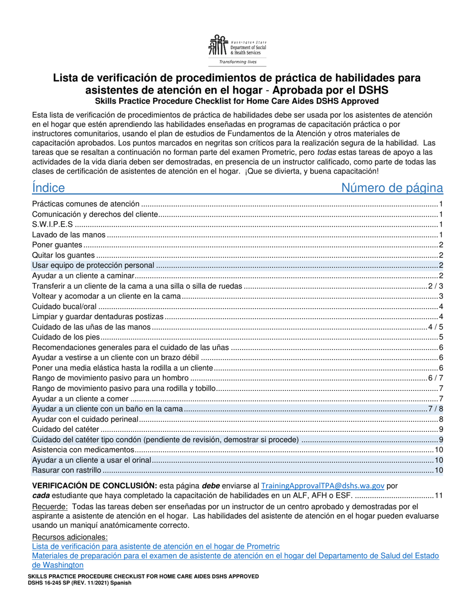 DSHS Formulario 16-245 Lista De Verificacion De Procedimientos De Practica De Habilidades Para Asistentes De Atencion En El Hogar - Aprobada Por El Dshs - Washington (Spanish), Page 1