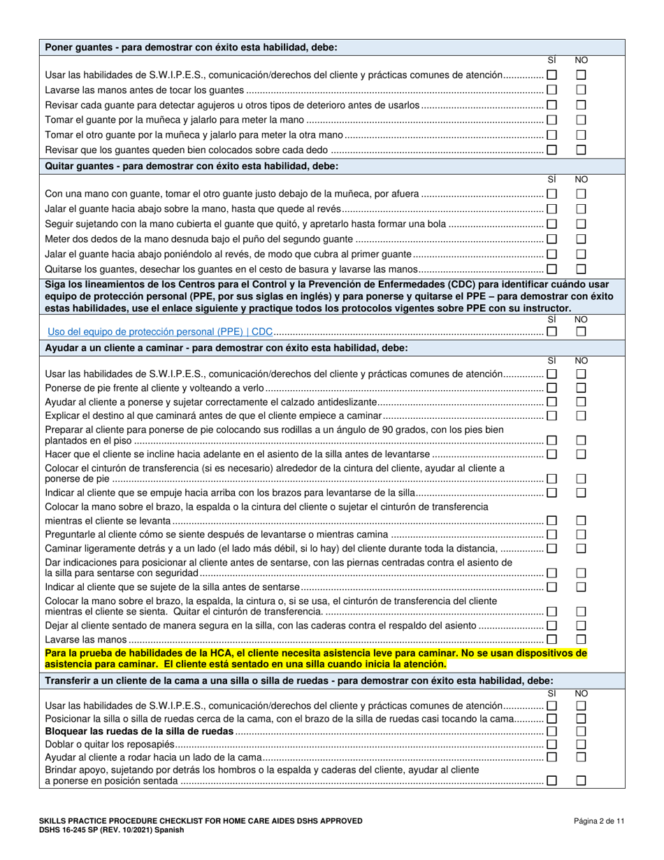 DSHS Formulario 16-245 Lista De Verificacion De Procedimientos De Practica De Habilidades Para Asistentes De Atencion En El Hogar - Aprobada Por El Dshs - Washington (Spanish), Page 3
