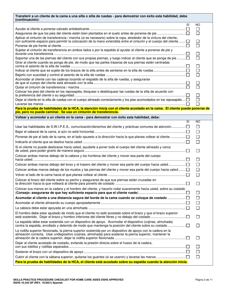 DSHS Formulario 16-245 Lista De Verificacion De Procedimientos De Practica De Habilidades Para Asistentes De Atencion En El Hogar - Aprobada Por El Dshs - Washington (Spanish), Page 4