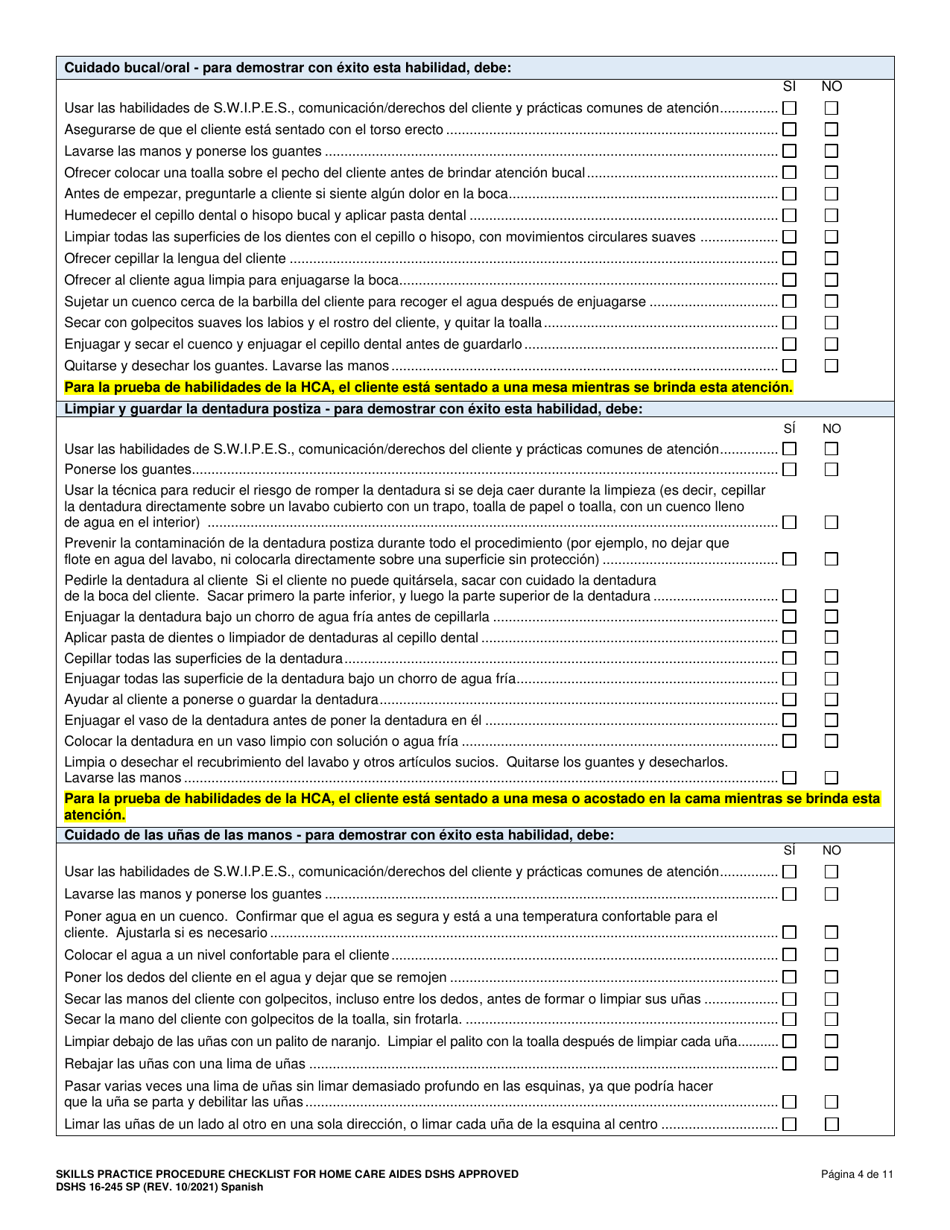 DSHS Formulario 16-245 Lista De Verificacion De Procedimientos De Practica De Habilidades Para Asistentes De Atencion En El Hogar - Aprobada Por El Dshs - Washington (Spanish), Page 5