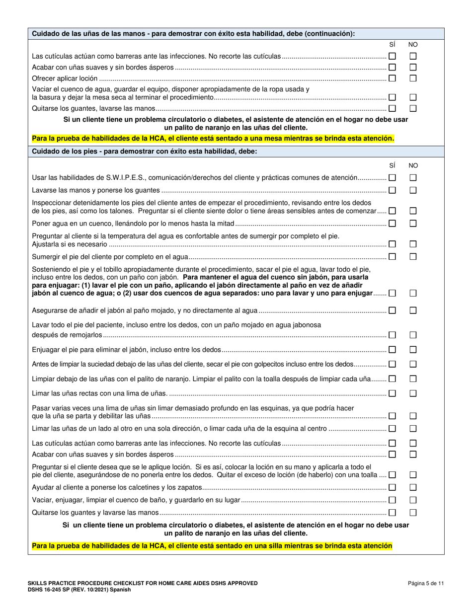 DSHS Formulario 16-245 Lista De Verificacion De Procedimientos De Practica De Habilidades Para Asistentes De Atencion En El Hogar - Aprobada Por El Dshs - Washington (Spanish), Page 6