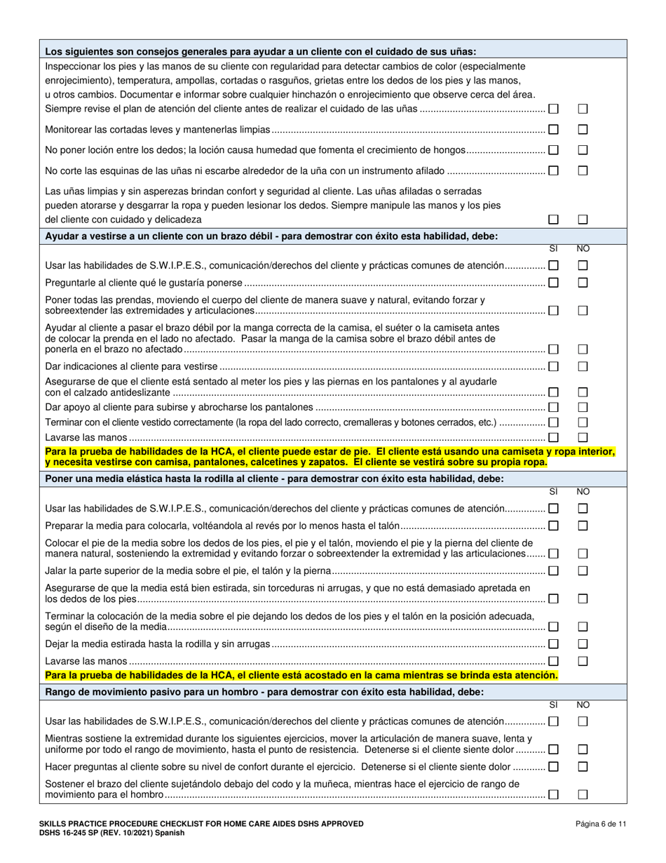 DSHS Formulario 16-245 Lista De Verificacion De Procedimientos De Practica De Habilidades Para Asistentes De Atencion En El Hogar - Aprobada Por El Dshs - Washington (Spanish), Page 7
