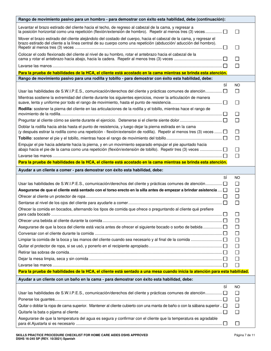 DSHS Formulario 16-245 Lista De Verificacion De Procedimientos De Practica De Habilidades Para Asistentes De Atencion En El Hogar - Aprobada Por El Dshs - Washington (Spanish), Page 8