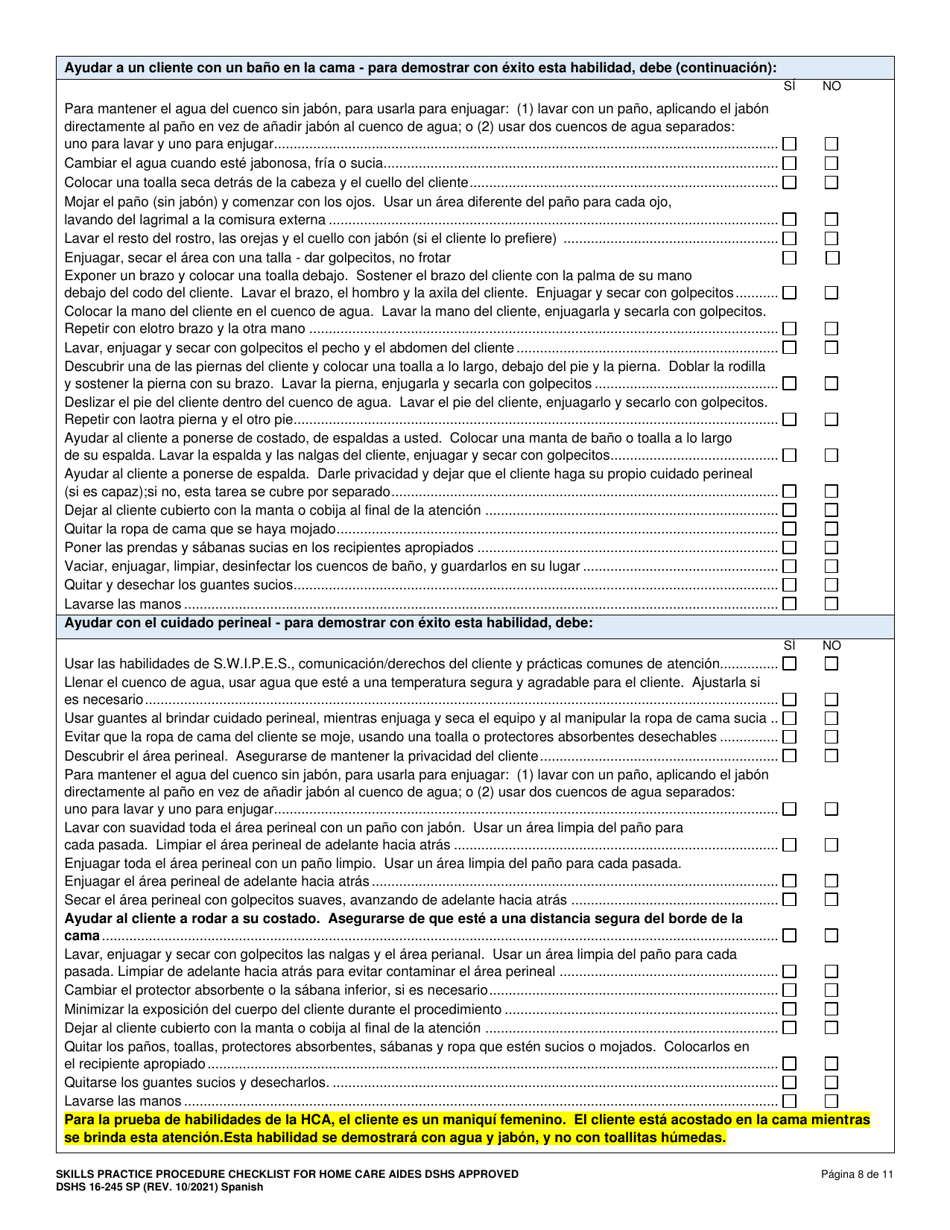 DSHS Formulario 16-245 Lista De Verificacion De Procedimientos De Practica De Habilidades Para Asistentes De Atencion En El Hogar - Aprobada Por El Dshs - Washington (Spanish), Page 9