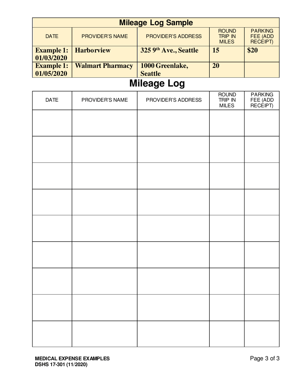 DSHS Form 17-301 Medical Expense Examples - Washington, Page 3