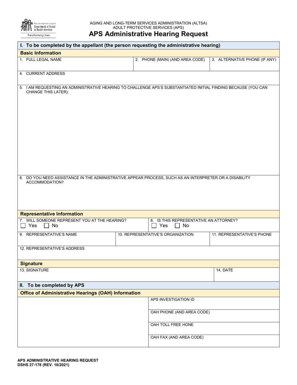 DSHS Form 27-178 Aps Administrative Hearing Request - Washington, Page 1