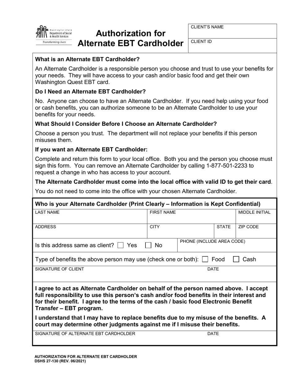 DSHS Form 27-130 Authorization for Alternate Ebt Cardholder - Washington, Page 1