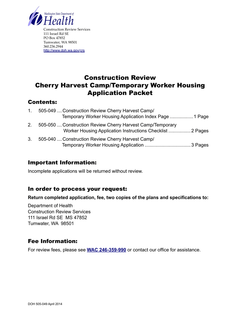 DOH Form 505-040 Construction Review Cherry Harvest Camp / Temporary Worker Housing Application - Washington, Page 1