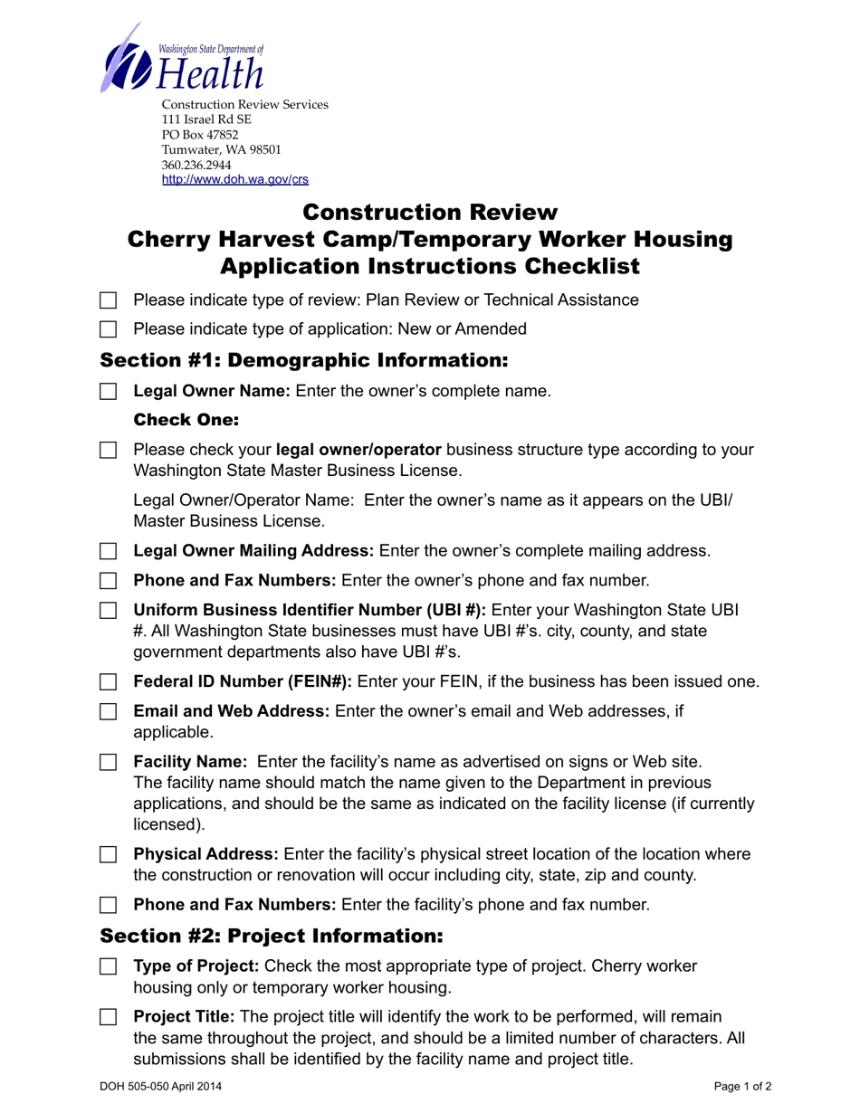 DOH Form 505-040 Construction Review Cherry Harvest Camp / Temporary Worker Housing Application - Washington, Page 2