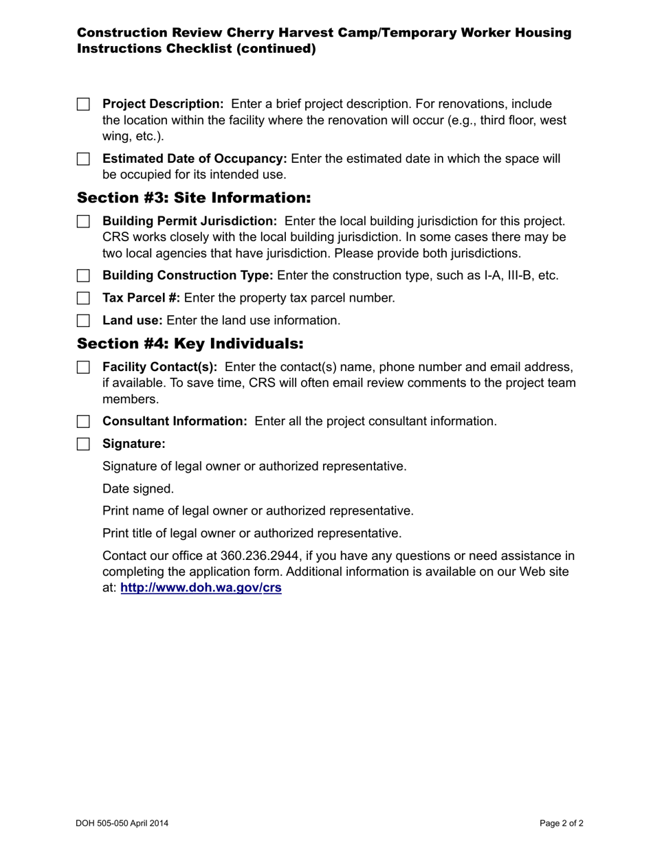 DOH Form 505-040 Construction Review Cherry Harvest Camp / Temporary Worker Housing Application - Washington, Page 3