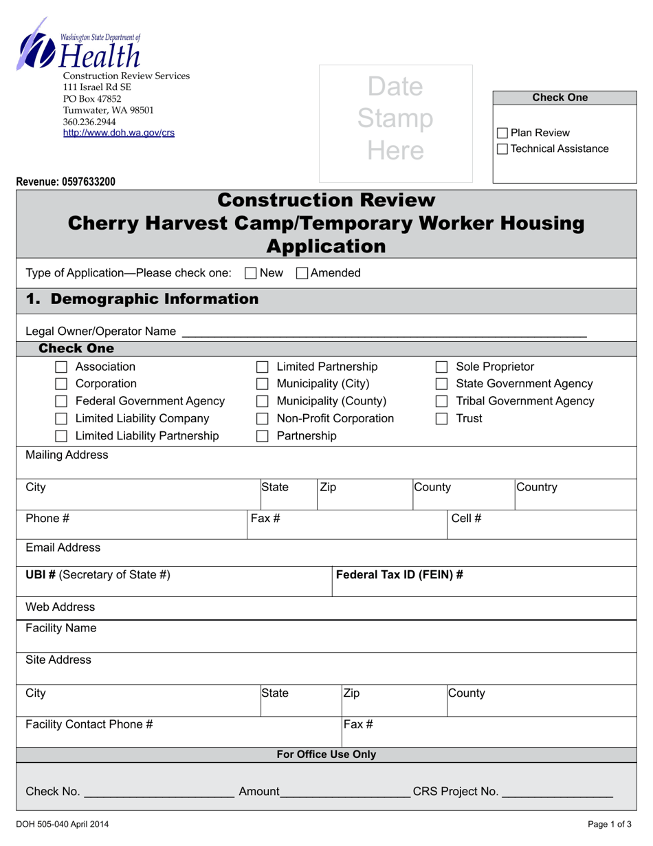 DOH Form 505-040 Construction Review Cherry Harvest Camp / Temporary Worker Housing Application - Washington, Page 4