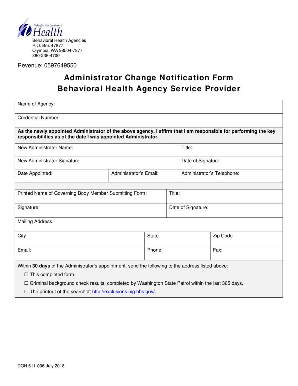 DOH Form 611-006 Administrator Change Notification Form - Behavioral Health Agency Service Provider - Washington, Page 1