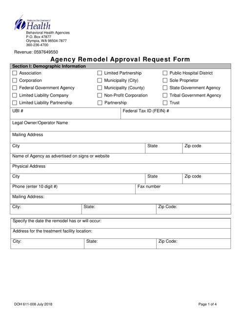 DOH Form 611-008 Behavioral Health Agency Remodel Approval Request Form - Washington