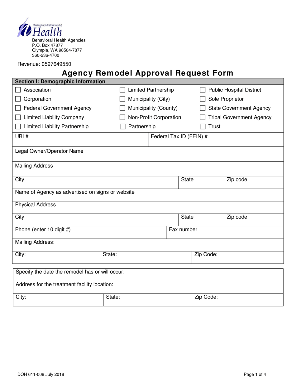 DOH Form 611-008 Behavioral Health Agency Remodel Approval Request Form - Washington, Page 1