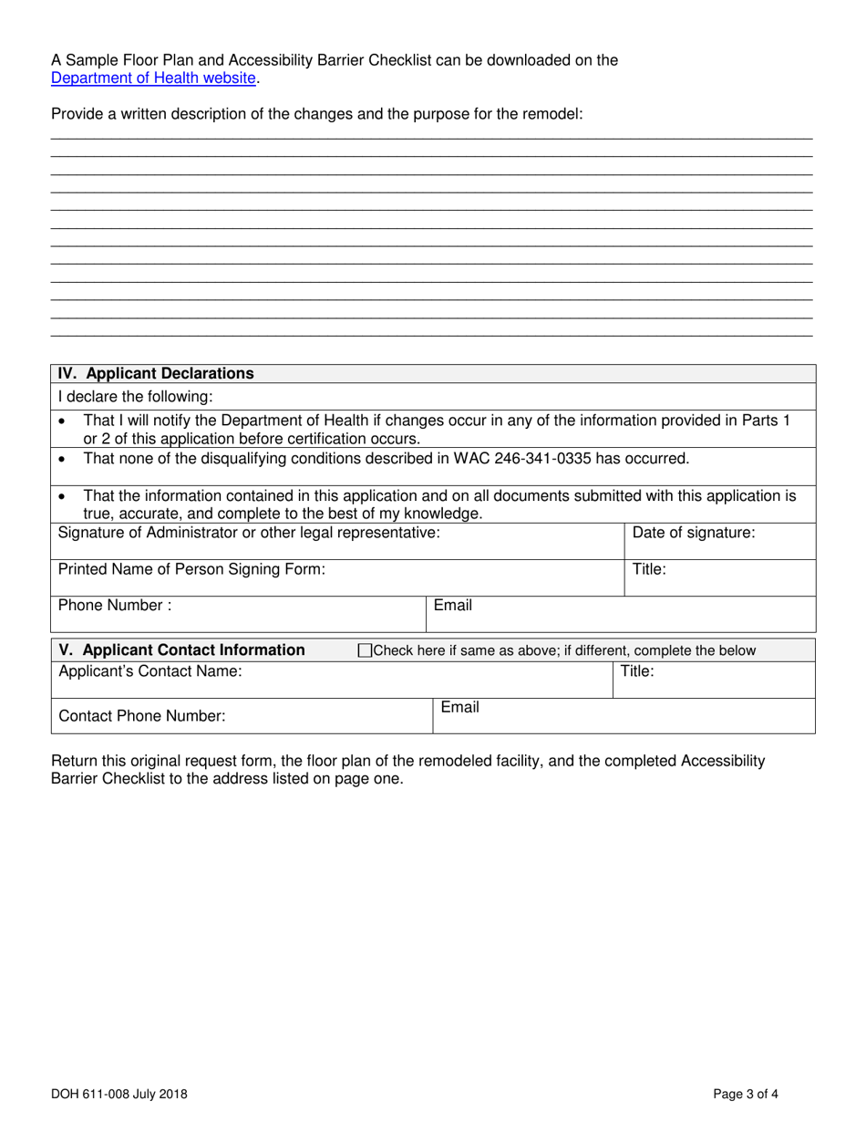DOH Form 611-008 Behavioral Health Agency Remodel Approval Request Form - Washington, Page 3