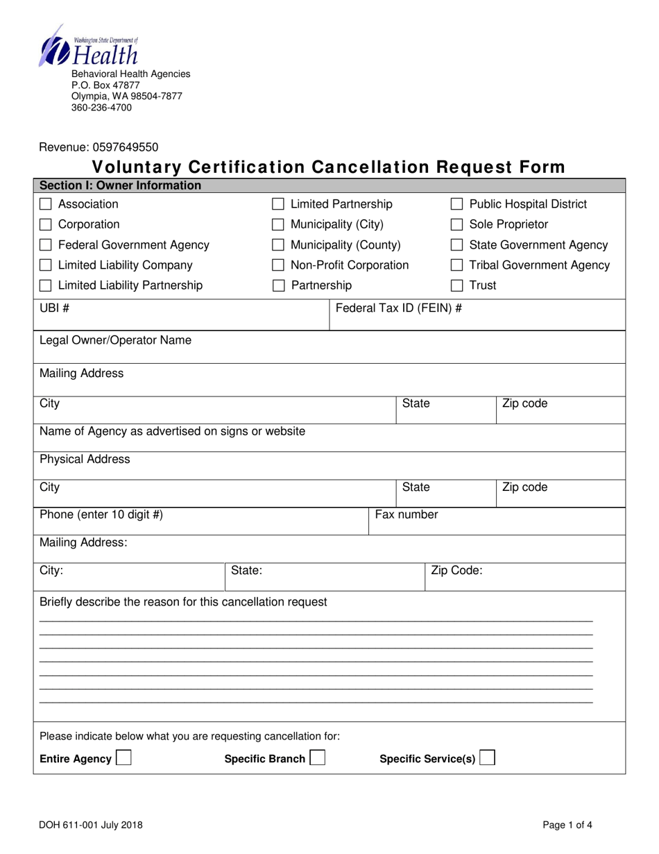 DOH Form 611-001 Voluntary Certification Cancellation Request Form - Washington, Page 1