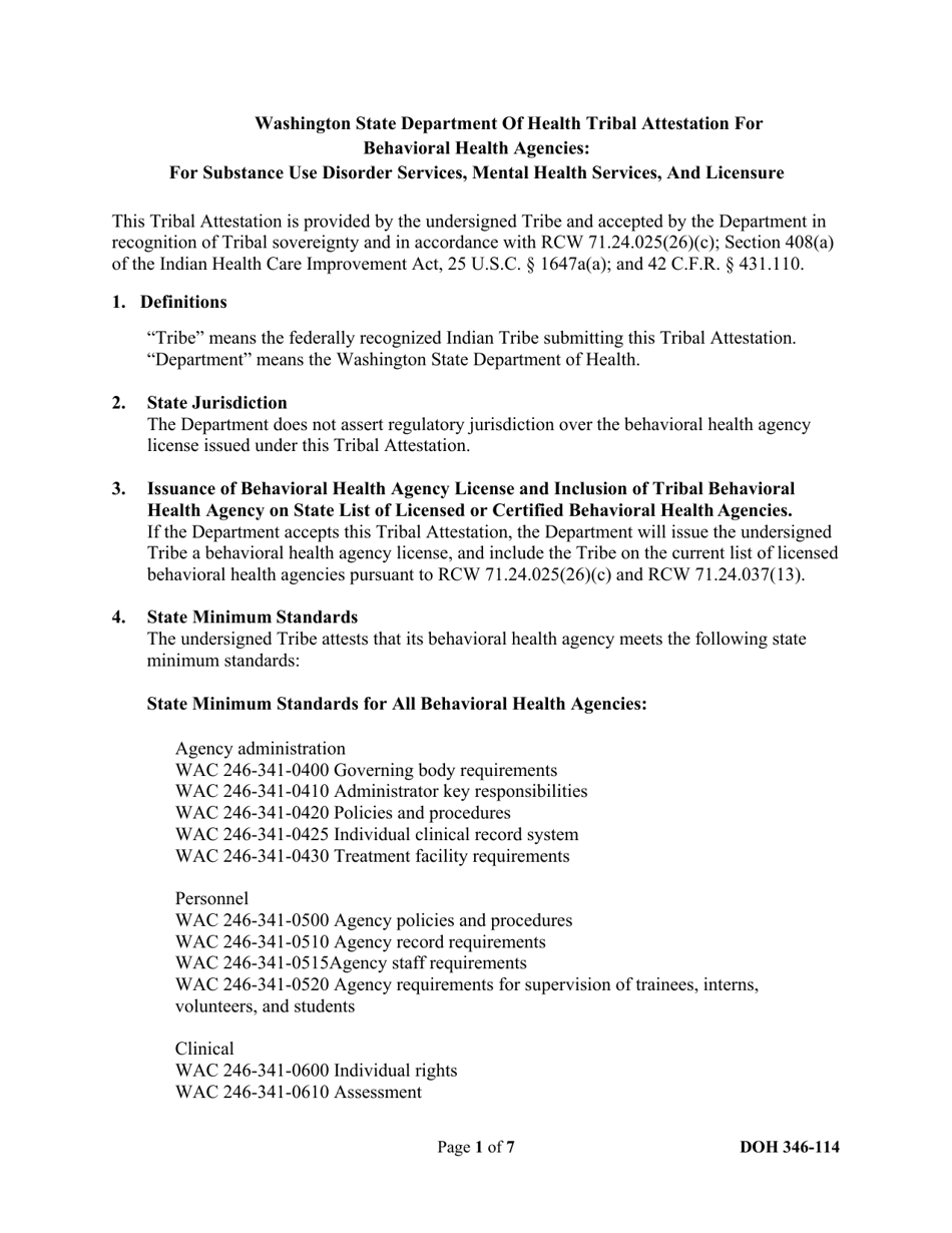 DOH Form 346-114 Tribal Attestation for Behavioral Health Agencies: for Substance Use Disorder Services, Mental Health Services, and Licensure - Washington, Page 1