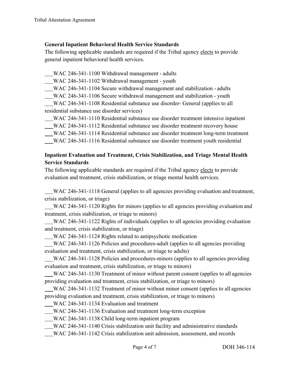 DOH Form 346-114 Tribal Attestation for Behavioral Health Agencies: for Substance Use Disorder Services, Mental Health Services, and Licensure - Washington, Page 4