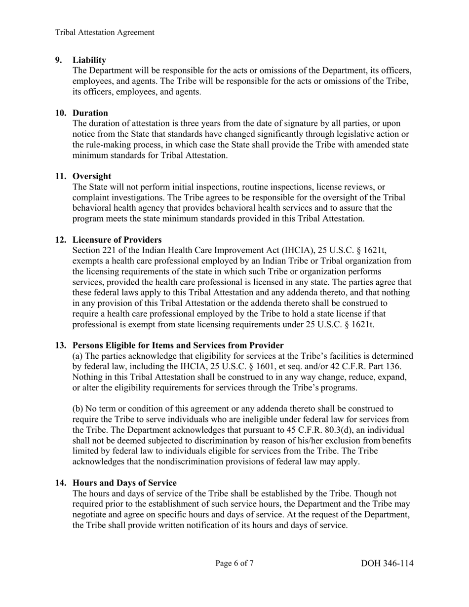 DOH Form 346-114 Tribal Attestation for Behavioral Health Agencies: for Substance Use Disorder Services, Mental Health Services, and Licensure - Washington, Page 6
