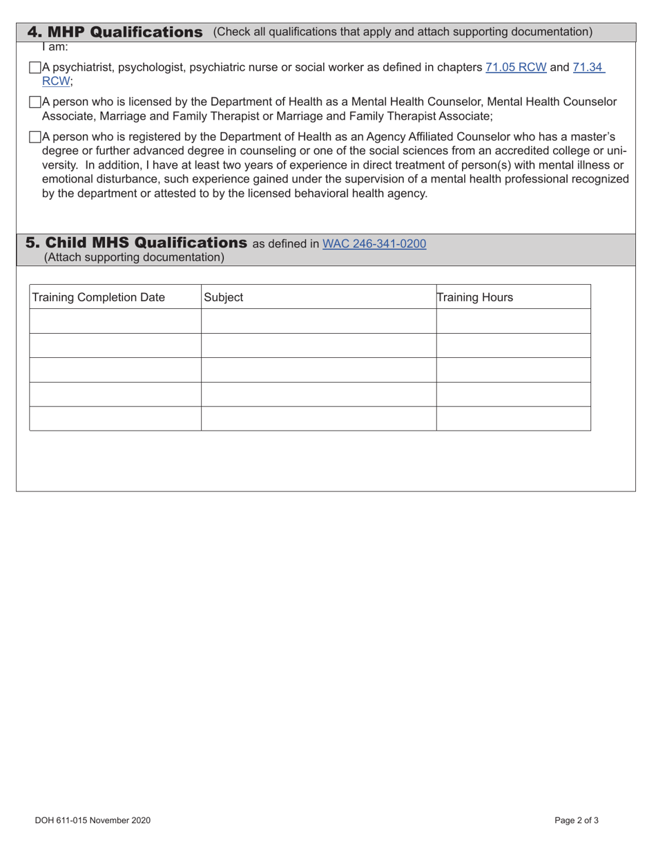 DOH Form 611-015 Mental Health Professional / Mental Health Specialist - Washington, Page 4