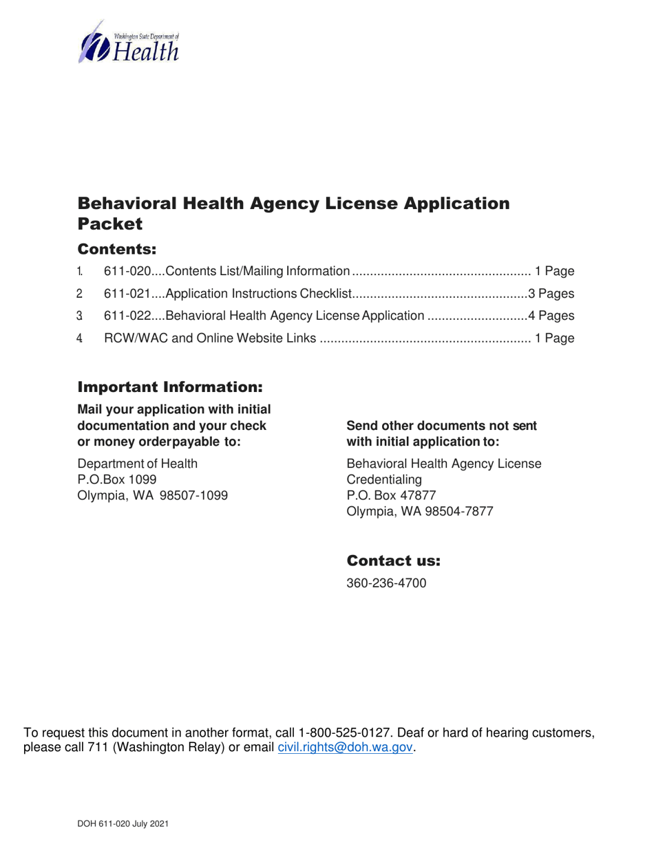 DOH Form 611-022 Behavioral Health Agency License Application - Washington, Page 1