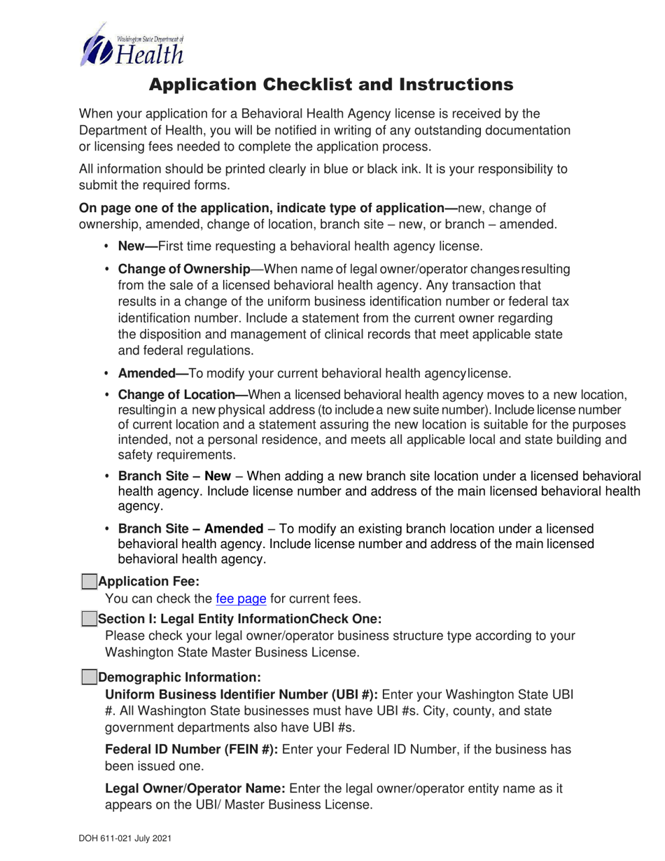DOH Form 611-022 Behavioral Health Agency License Application - Washington, Page 3