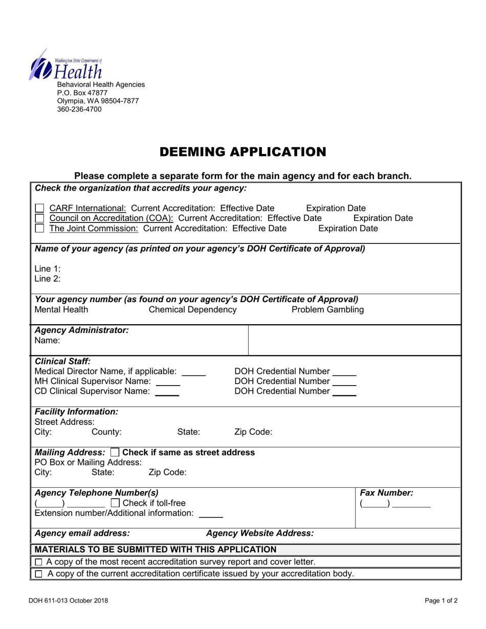 DOH Form 611-013 Deeming Application - Washington, Page 1