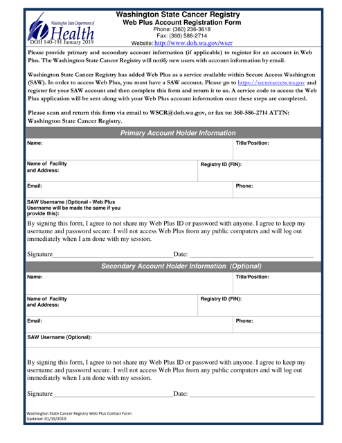 DOH Form 140-191 Washington State Cancer Registry Web Plus Account Registration Form - Washington