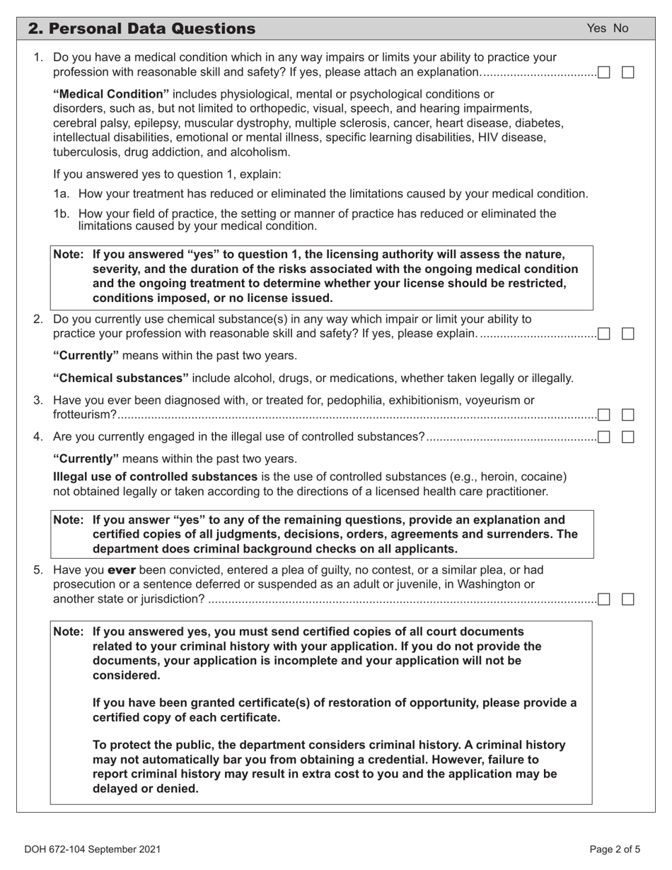 DOH Form 672-104 Veterinary Specialty License Application Packet - Washington, Page 8