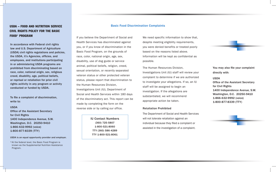 DSHS Form 22-552 Discrimination Complaint - Basic Food Program - Washington, Page 2