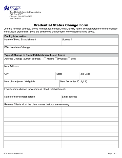 DOH Form 505-133 Credential Status Change Form - Washington