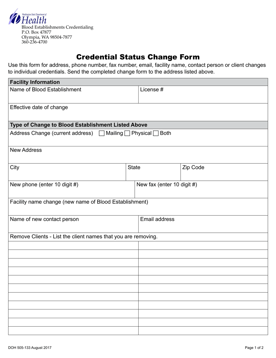 DOH Form 505-133 Credential Status Change Form - Washington, Page 1