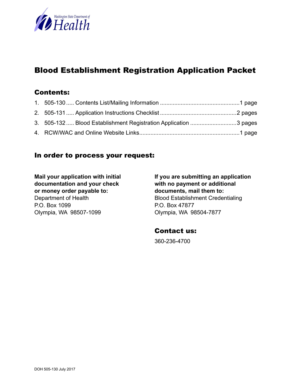DOH Form 505-132 Blood Establishment Registration Application Packet - Washington, Page 1