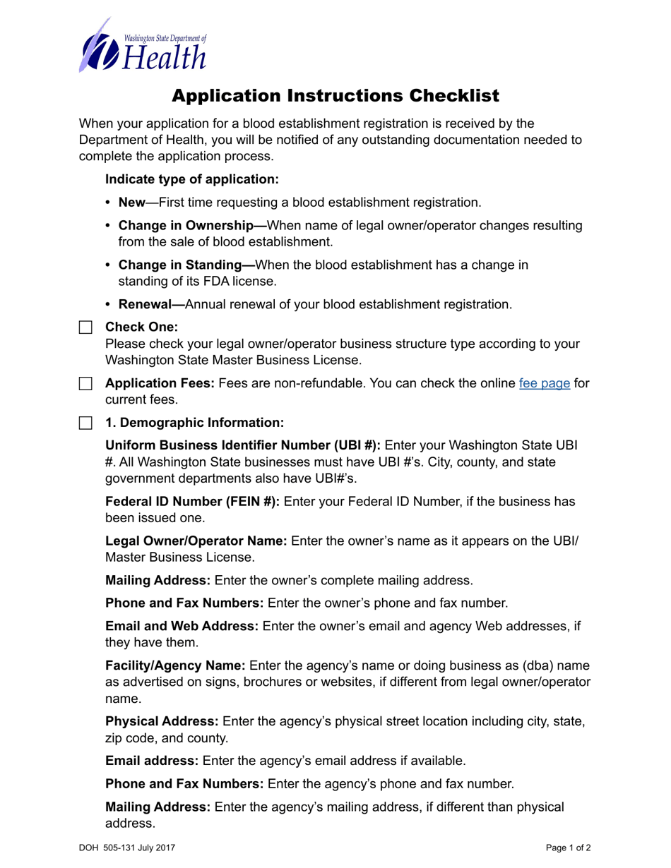 DOH Form 505-132 Blood Establishment Registration Application Packet - Washington, Page 3