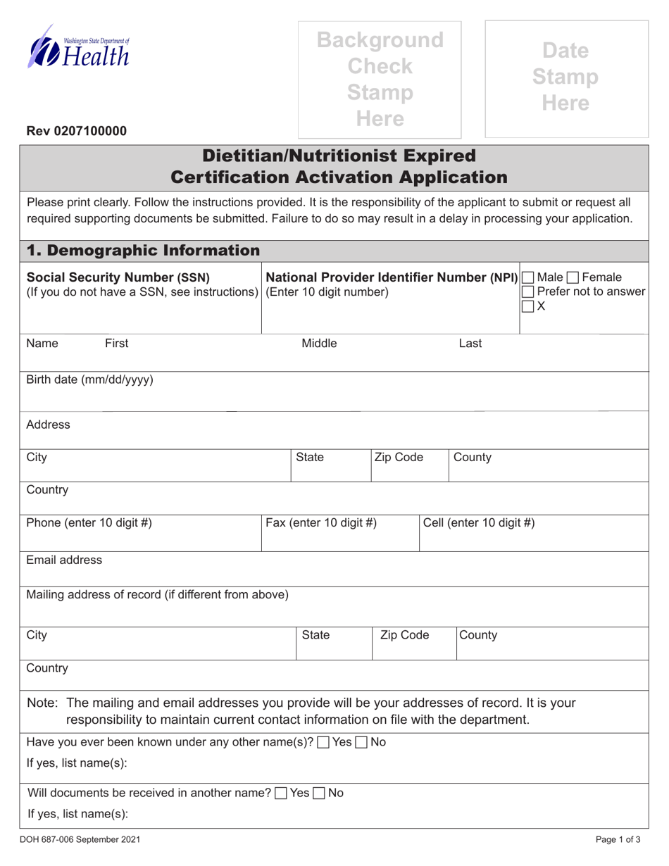 DOH Form 687-006 Dietitian / Nutritionist Expired Certification Activation Application Packet - Washington, Page 5