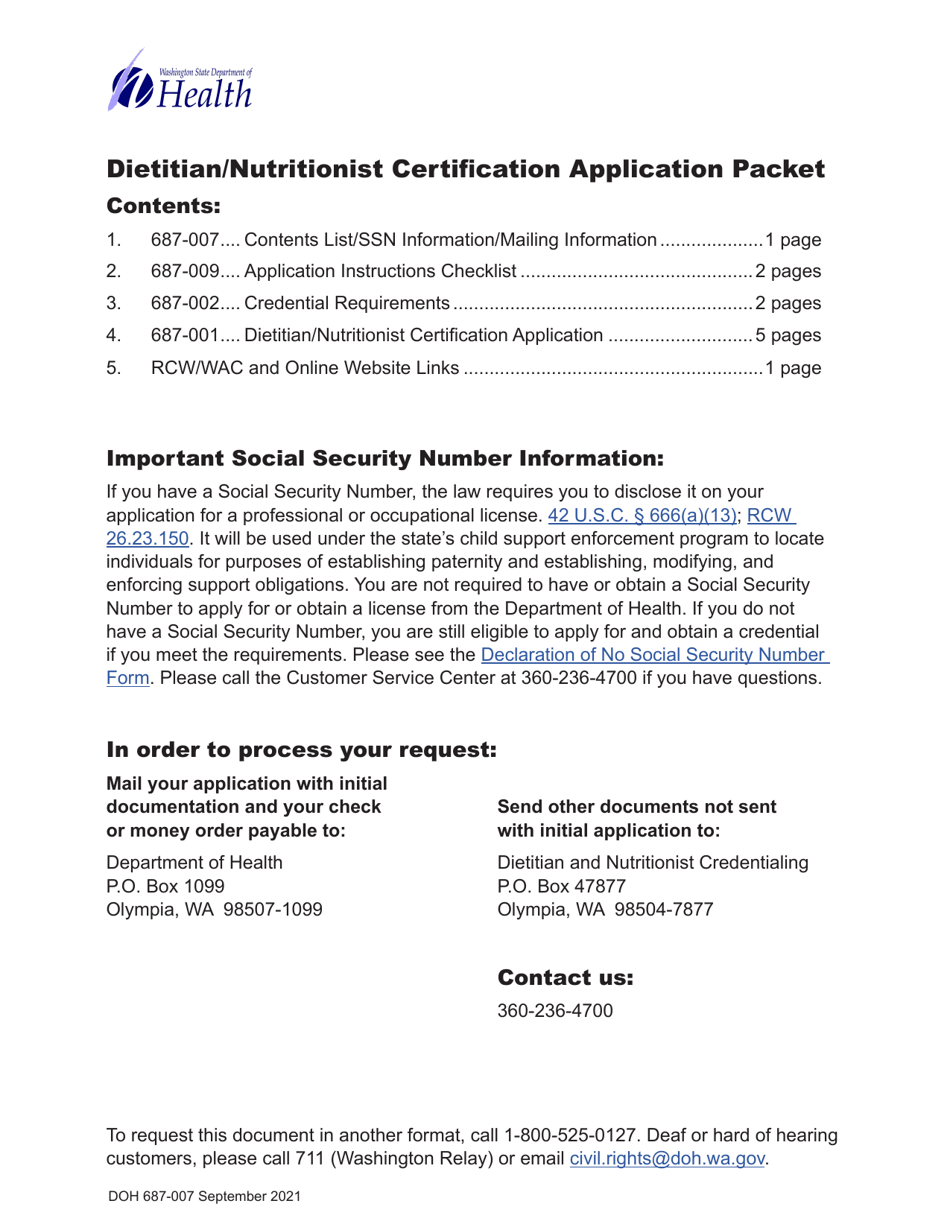 DOH Form 687-001 Dietitian / Nutritionist Certification Application Packet - Washington, Page 1